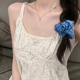 BM风美式郁金香紫碎花吊带裙bm花边V领纽扣吊带连衣裙沙滩裙长裙