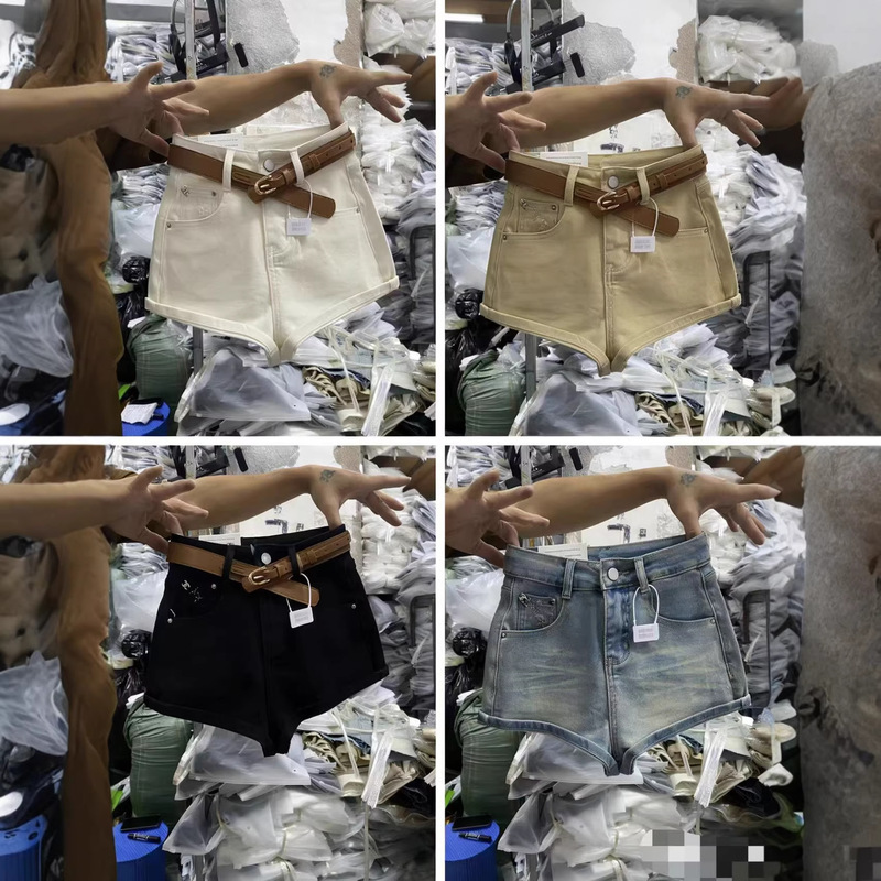 Retro Rhinestone Khaki Shorts for Women, Spring and Summer High-Waisted Sexy Tight-Fitting Hot Girl A-Line Hot Pants Jeans.7135