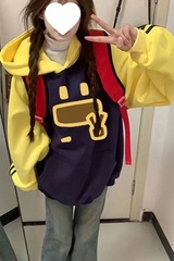 美式多巴胺藏青色三条杠表情连帽卫衣女秋冬宽松洋气慵懒风外套潮
