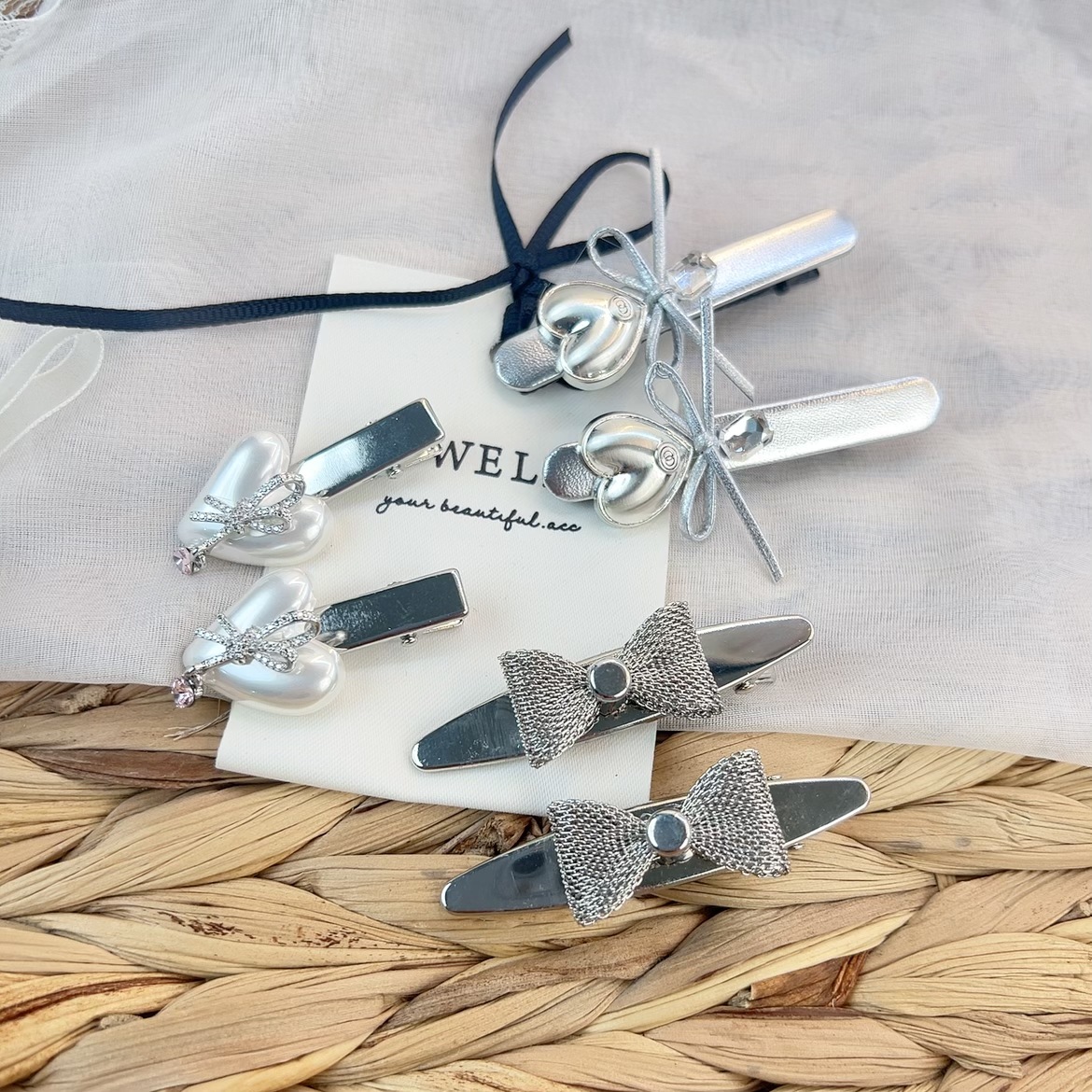 韓版新品高級感銀色編織蝴蝶結愛心鴨嘴夾髮夾時尚簡約劉海夾髮飾