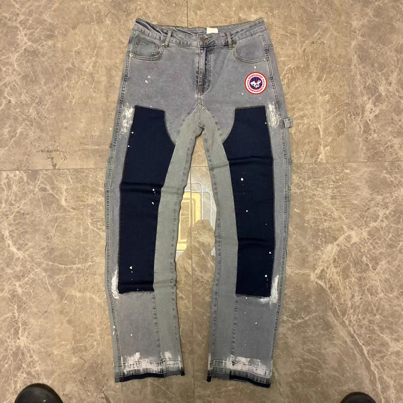 Cross-Border Men's Denim Cargo Pants European and American Fashion Ins Popular Elastic Patch Denim Layered Flared Pants 08