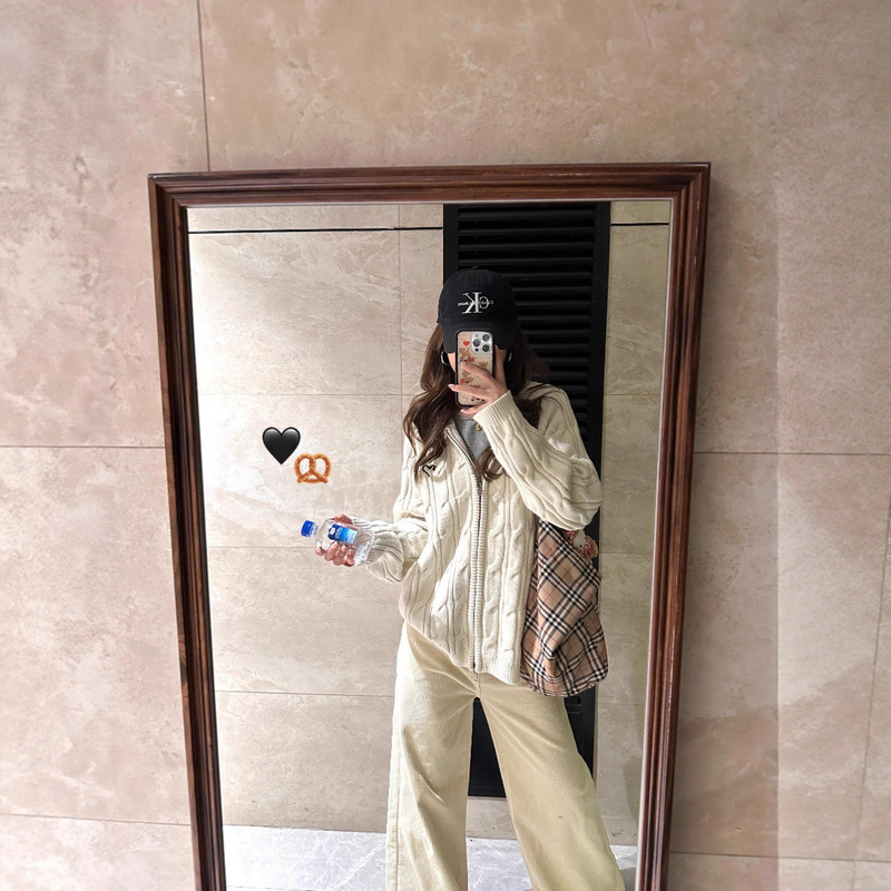 American Retro Hooded Knitted Cardigan for Women Early Autum Double Zipper Twist Sweater Jacket Lazy Preppy Style Top