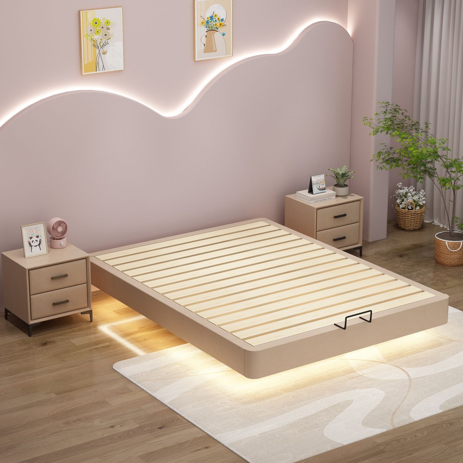 Modern Minimalist Small Apartment Tatami Bed Without Headboard, Double Solid Wood Bed, Popular Ribbed Bed Frame