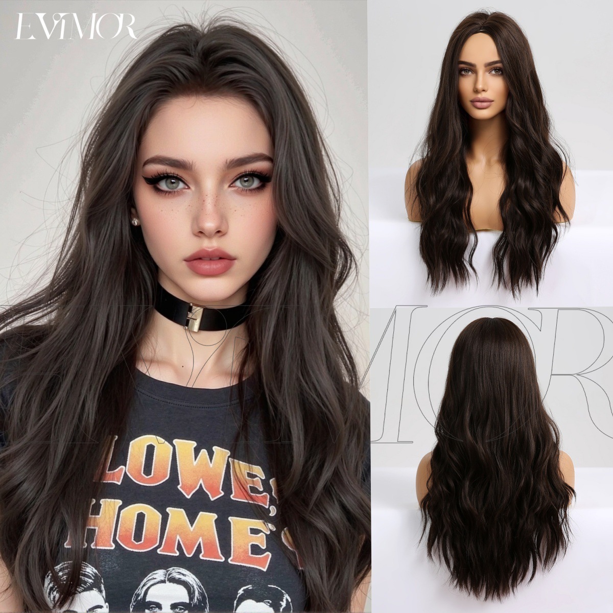 Amazon Venta caliente cubierta de la cabeza completa medio negro marrón grande ola 24 pulgadas mate alta temperatura seda peluca europea y americana para las mujeres