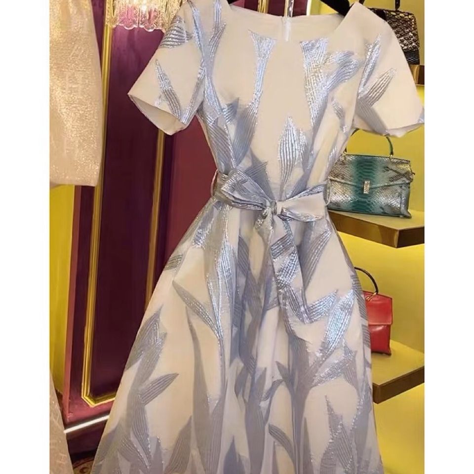 提花面料2024年厂家直销新款外贸协会时尚大牌欧根纱连衣裙粽子叶