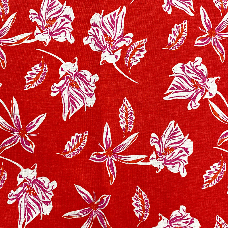 工厂现货环保纱10支亚麻粘印花麻布春夏裙子花布料麻布大红白色花