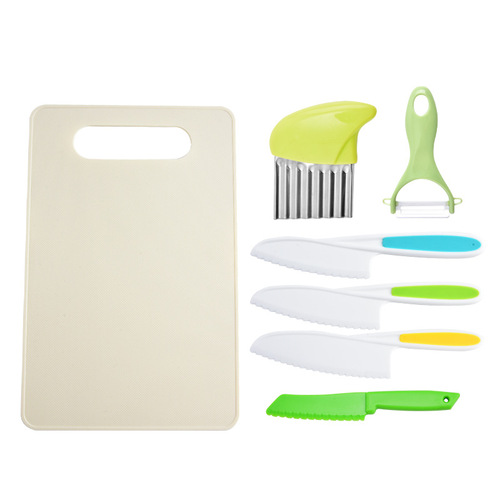 Children's plastic knife and cutting board set, non-slip serrated fruit knife, bread knife, kindergarten children's plastic fruit knife
