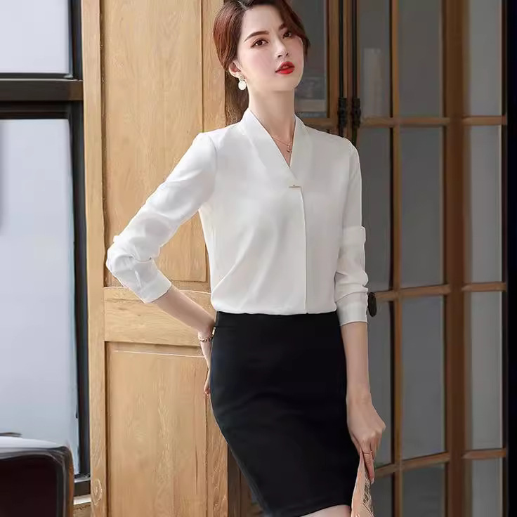 2024 White Chiffon Shirt Women's Spring and Autumn Work Clothes Long and Short-sleeved V-neck Loose Professional Top Collarless Shirt