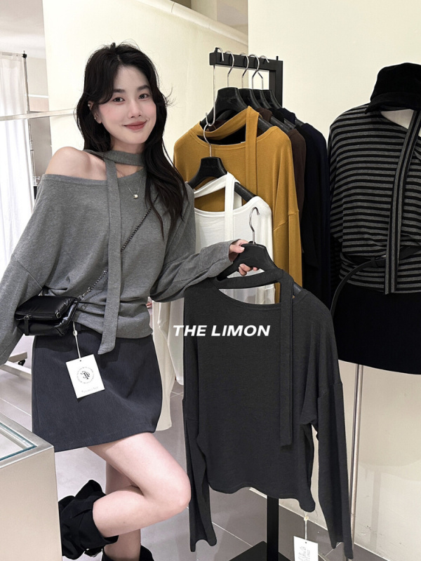 the limon柠檬绿茶2025秋季设计感飘带条纹百搭显瘦打底长袖T恤女|undefined
