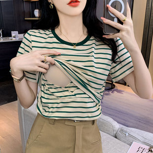 Real Shot All-match Striped Nursing T-shirt Summer Postpartum Hot Mom Soft and Comfortable Nursing Top Base Shirt