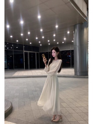 Sun Yaqiao [Venus Piano] Early Autumn White Long Sleeve Light Luxury Lantern Chiffon Dress Temperament Long Skirt