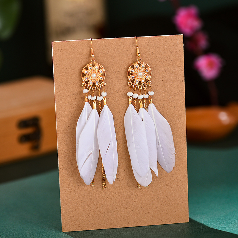 Ethnic Style Flower Feather Metal Hollow Out Inlay Artificial Pearls Rhinestones Women's Drop Earrings display picture 3