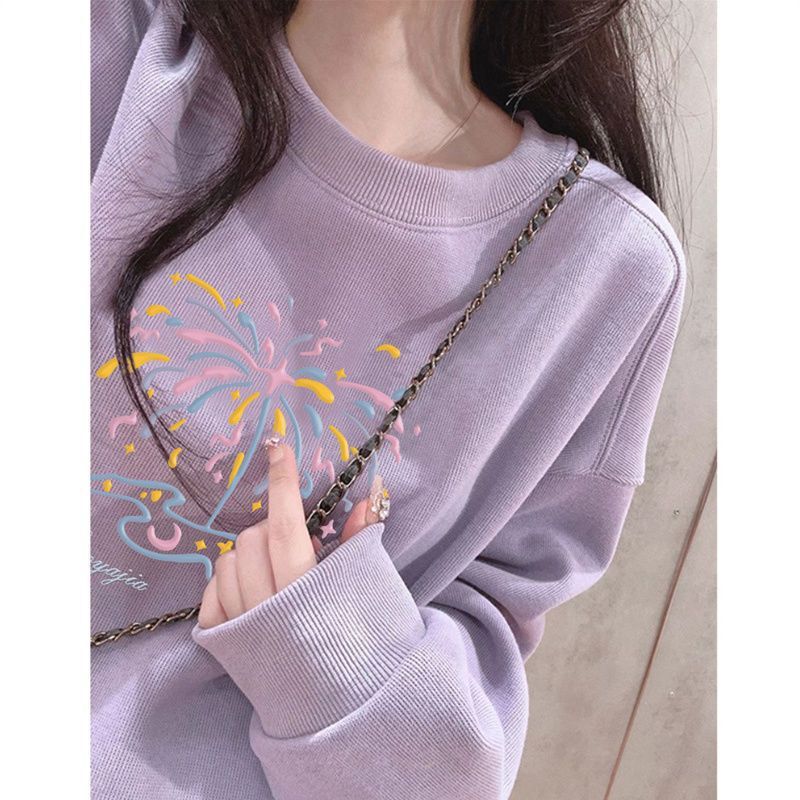 2025 Autumn and Winter New Style Chic Right Shoulder Round Neck Pullover Sweatshirt for Women Purple Loose Velvet Thickeneded Jacket Trendy