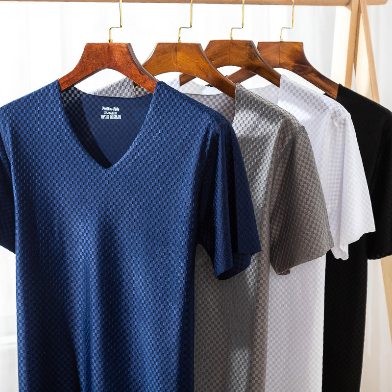 Mesh Ice Silk Traceless Short-sleeved T-shirt Men's Summer Casual Sports Sweatshirt Thin Elastic Slim-fit Half-sleeved T-shirt