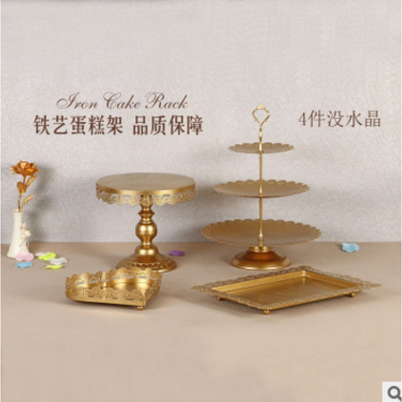 Postre de boda de oro Adornos de mesa Soporte de pastel de estilo europeo Accesorios de boda Bandeja de pastel de encaje Soporte de punto de hierro 12 piezas