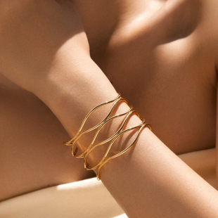 Copper Plated 18K Real Gold Open Bracelet Geometric Multi-layer Line Cross Design Hollow Wide Edge Bracelet European and American Fashion