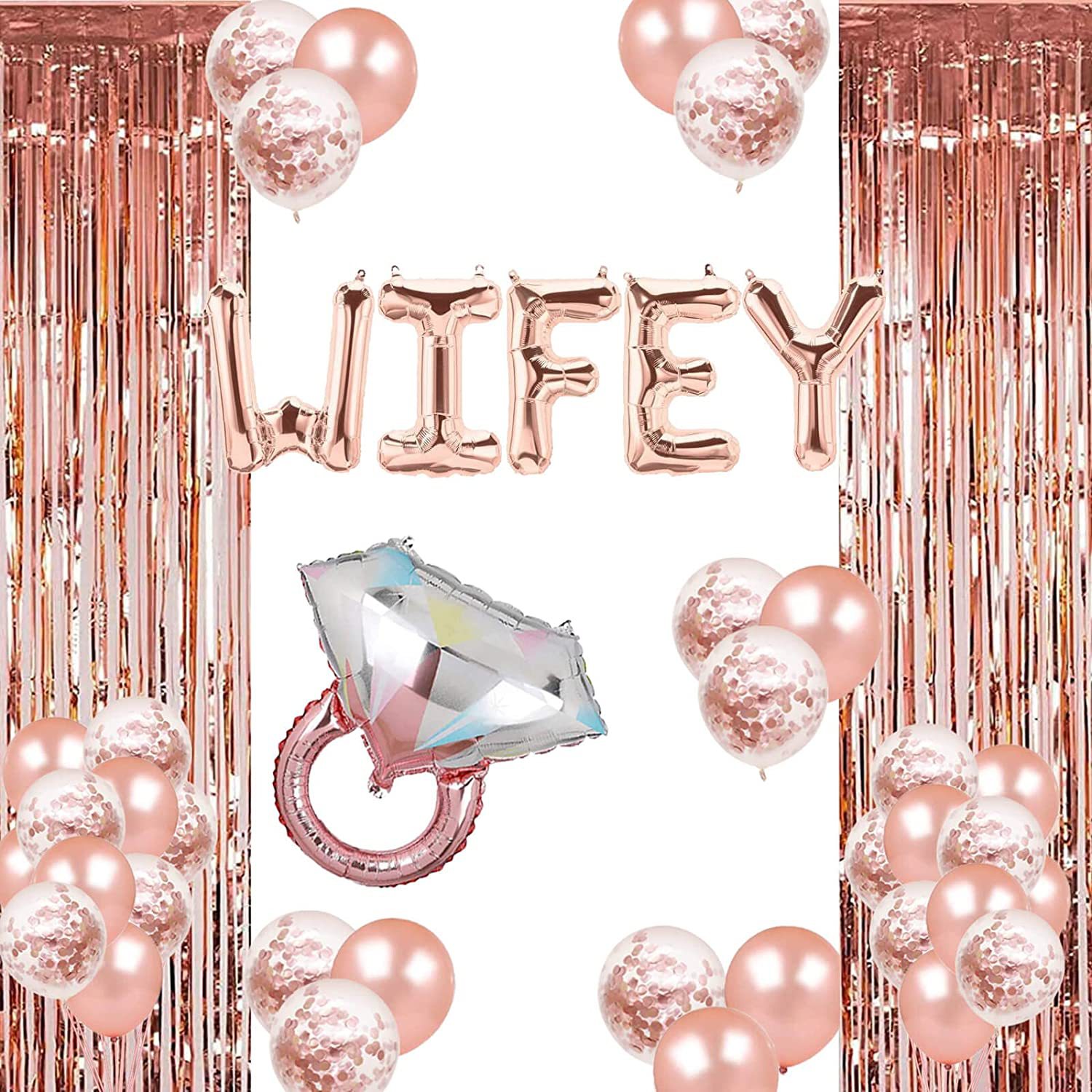玫瑰金字母WIFEY钻戒铝膜气球雨丝帘乳胶亮片永远的妻子派对背景