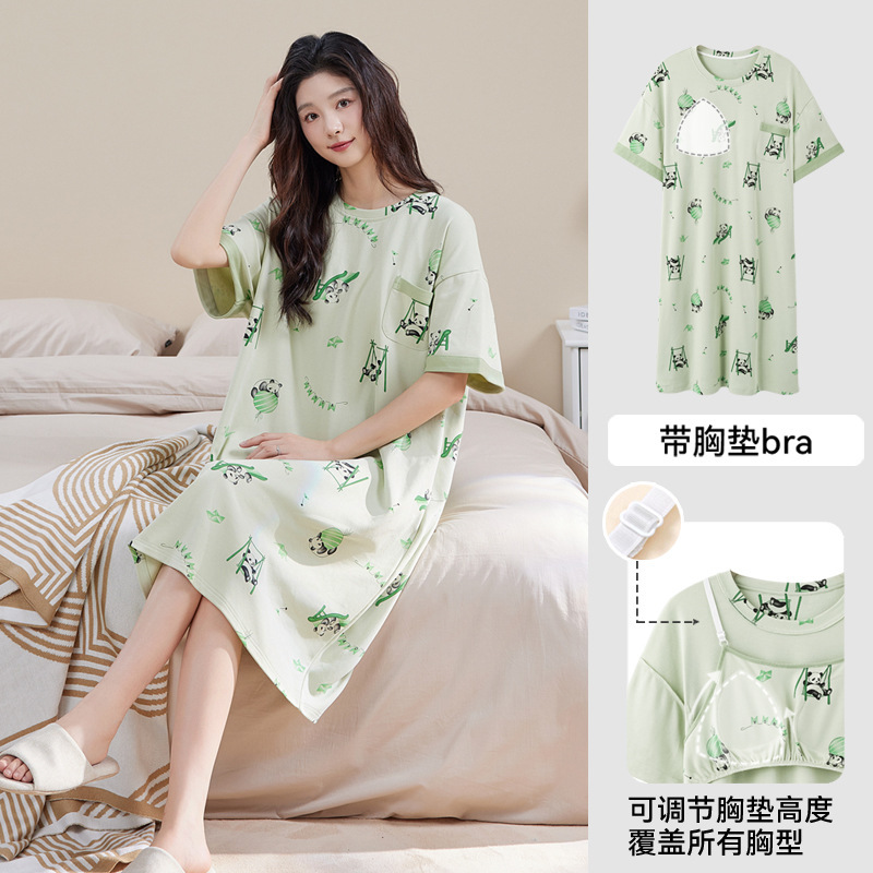 Summer Girl Walking and Walk Express Short-Sleeved Nightgown Women's Pure Cotton Breathable Chest Pad Anti-Bump Pullover Skirt