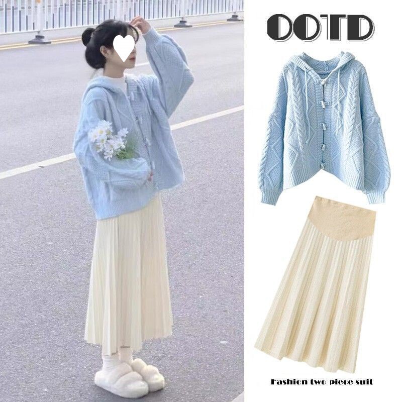 妊婦服の早秋セットの甘いミルクティー系の小さい背の洋風のセーターのコートの半身のスカートの秋冬の2つのセット|undefined