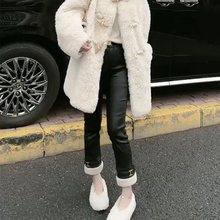 春夏新款羊羔毛裤脚涂层皮裤女弹力显瘦直筒裤修身显瘦九分裤