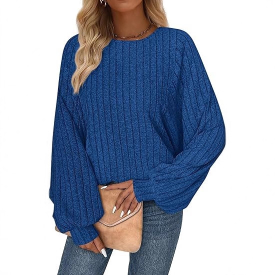 Amazon Women's Shirt Autumn Round Neck Belted Batwing Long Sleeve Top Formal Casual Loose Lightweight Sweater for Women