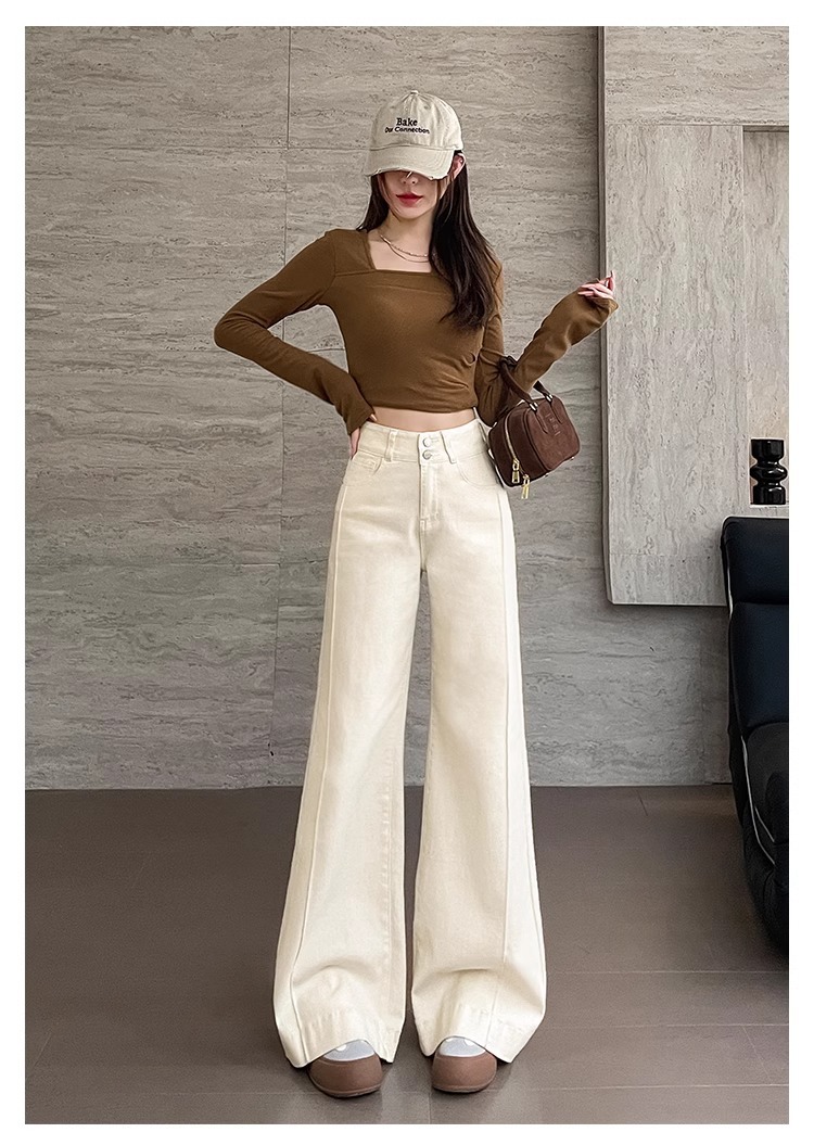 Quần jean nữ ống loe cạp cao dáng suông ôm nhẹ — Màu be [bình thường] chi tiết 19