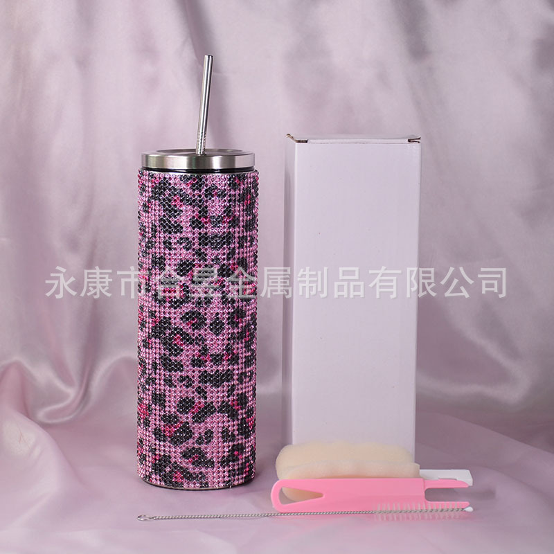 20oz Comercio exterior moda nuevo diamante paja 304 Acero inoxidable recta taza de vacío completo diamante taza de café