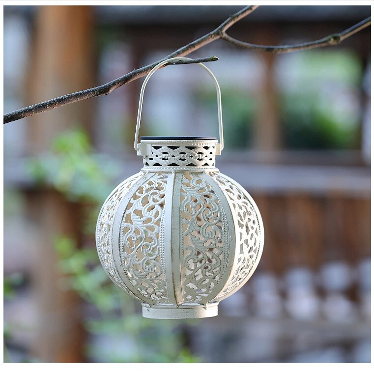 New Hanging Solar-Powered Projection Iron Lantern with Handle, Outdoor Courtyard Floral Style Pendant Light