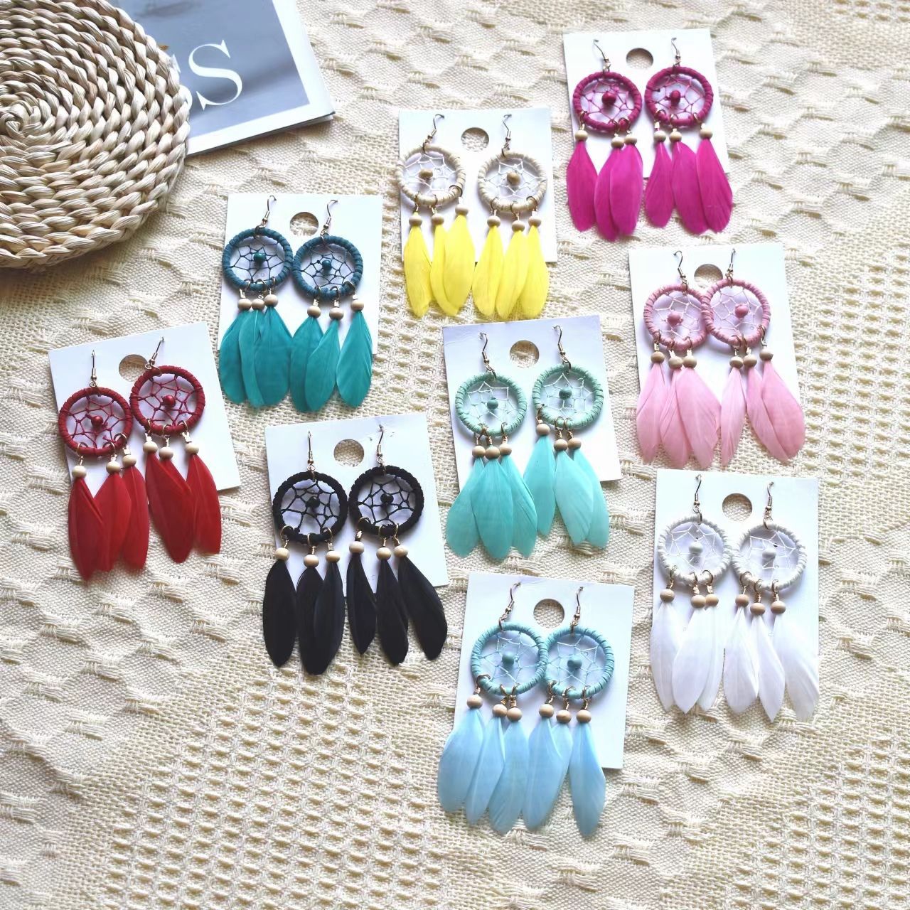10g Weight Alloy Ear Needle Material 1 Pair Ethnic Style Dreamcatcher Feather Braid Alloy Feather Drop Earrings