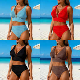 欧美分体泳衣女褶皱深V高腰分体比基尼大码显瘦ins风比基尼泳装