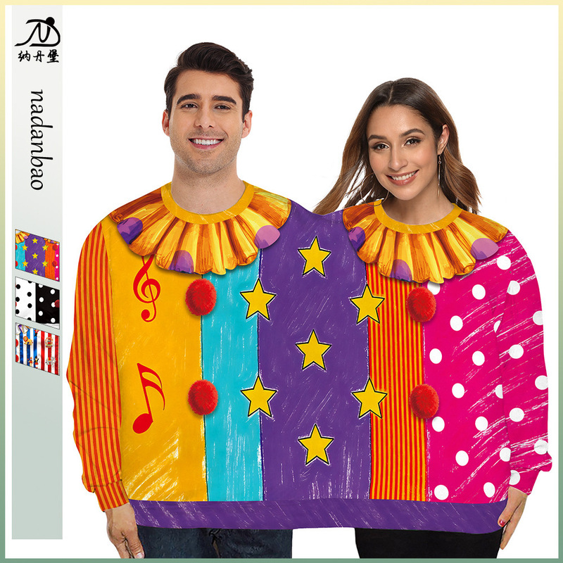 New Double-Person Clown Costume Creative Quirky Print Couple Sweatshirt Halloween Carnival Party Performance Top New Double-Person Clown Costume Creative Quirky Print Couple Sweatshirt Halloween Carnival Party Performance Top