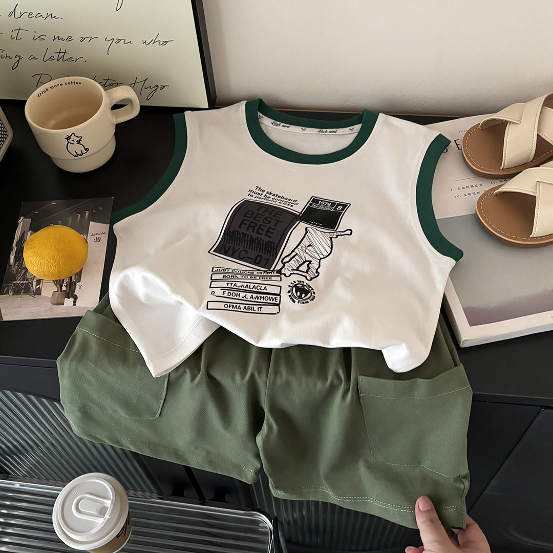 2026 chaleco de niños de algodón vestido de verano a rayas pantalones cortos antibacterianos de moda sueltos ropa infantil A