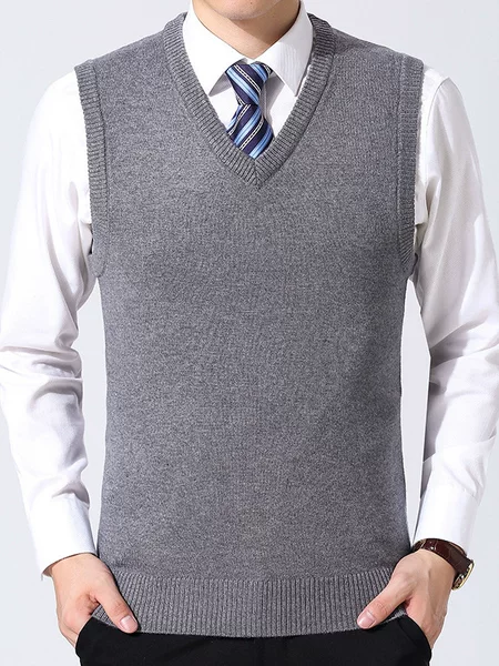 Wool Sweater V-Neck Vest Autum Knitted Sweater Vest Pure Color Middle-Aged Men's Casual Bottoming Shirt Sleeveless Top for Men