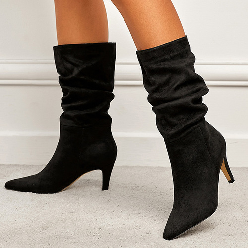 Spring Collection Walk Show Crease Surface One-Piece Fleece Face Slim Heel Women's High Heel Boots