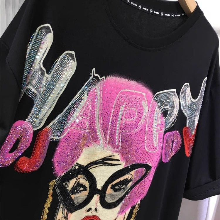 Gran tamaño de ropa de mujer 2 - 300 kg grasa mm estilo coreano de ropa de mujer tendencia europea gran tamaño de industria pesada impresión de diámetro caliente letras camiseta de manga corta