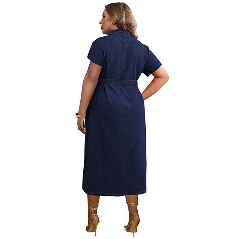 Damen Plus Size Jeans-wickelkleid Mit Gürtel Und A-linien-schnitt_voghion.com