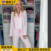 严选2025跨境休闲女士睡衣套装蝴蝶结印花长袖长裤翻领家居服套装