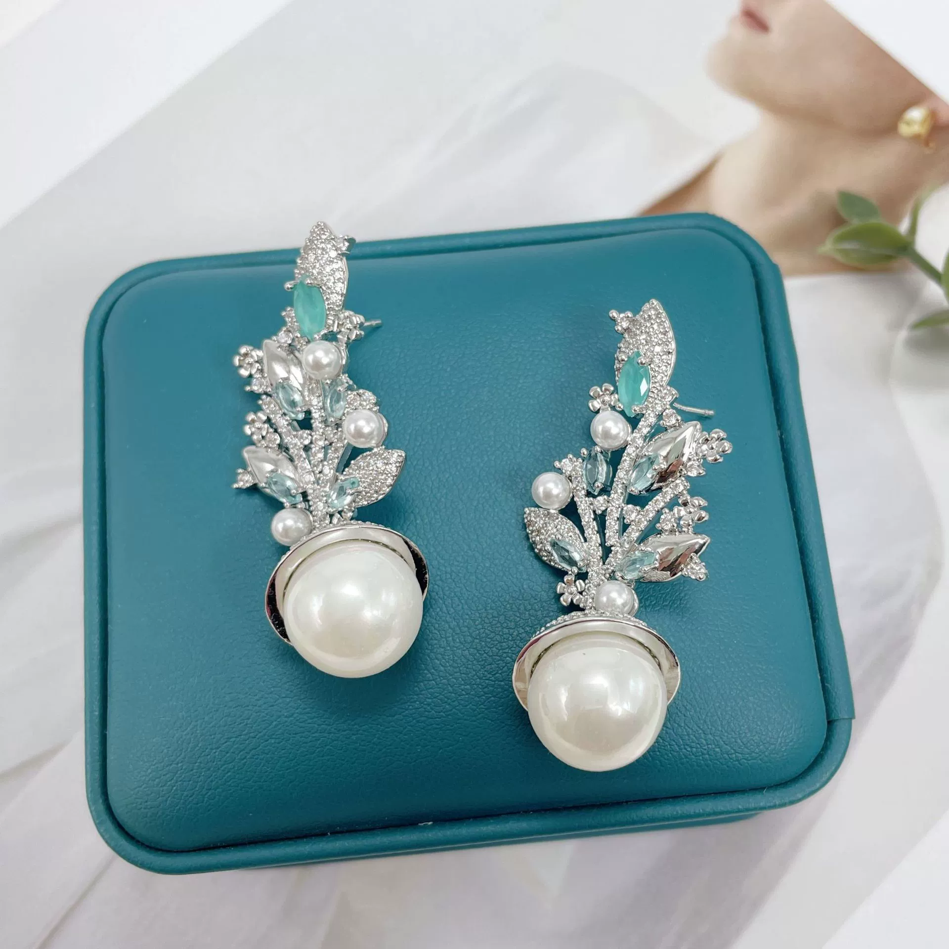 Capacious earrings from pearl, zirconium, nail decoration, light luxury style, high-quality style, European style, micro incrustation, wholesale