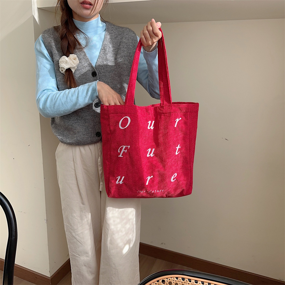 310262 embroidered letter future corduroy single-shoulder Maillard color hand-held canvas bag Women's tote bag undefined