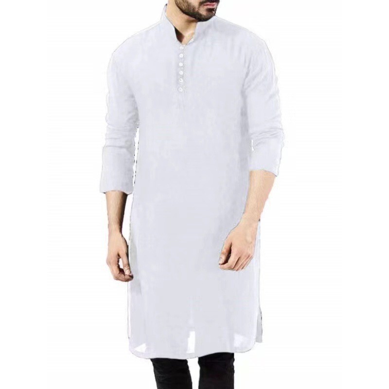 Fashionable and Versatile Men's Stand-Collar Mid-Length Shirt, Solid Color Button-Up Design, Loose Long-Sleeve Casual Top, Available in Multiple Colors