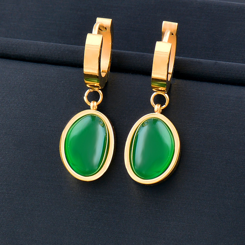 Fashion Oval Titanium Steel Inlay Inlaid Gold Artificial Gemstones Bracelets Earrings Necklace