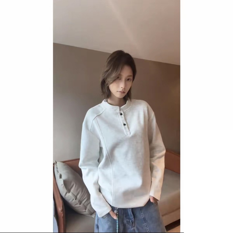 灰色亨利领长袖polo衫男款美式解构拼接正肩t恤boxy版型内搭卫衣|undefined