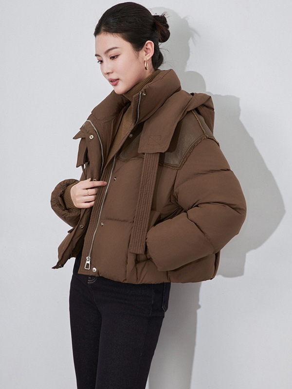 高奢90白鸭绒长短款羽绒服女2025新款加厚拼接PU设计感飘带面包服|undefined