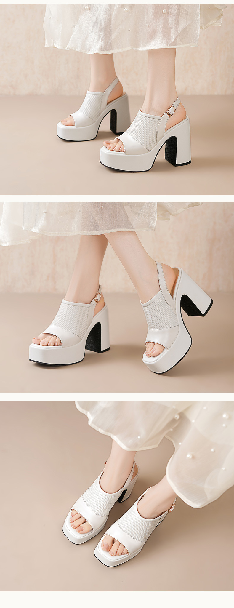 Sandal cao gót nữ hở mũi đế xuồng da thật gót thô 9 cm — màu đen, màu trắng ngà, màu mơ chi tiết 4