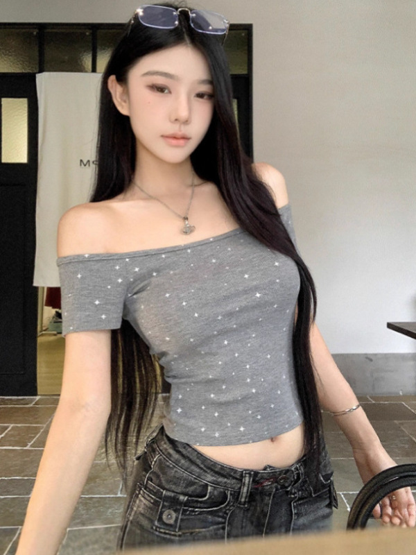 ins纯欲辣妹个性短款一字肩短袖T恤女夏外贸新款修身打底上衣女潮|undefined