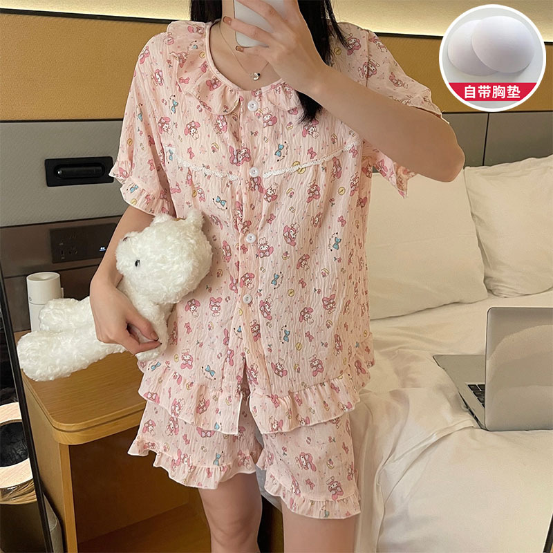 Pijamas de algodón nubes al por mayor transfronterizos mujeres con cojín de pecho cardigan de verano pantalones cortos de mangas cortas dulces y sueltos set de ropa para el hogar