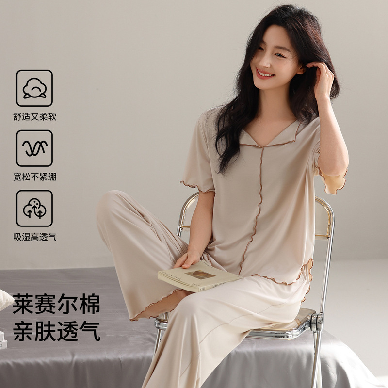 Tencel Lyocell Cotton Pajamas for Women, Summer Short-Sleeved Long Pants, Can Be Worn Outside, Loose, Casual, Comfortable, Thin Home Wear