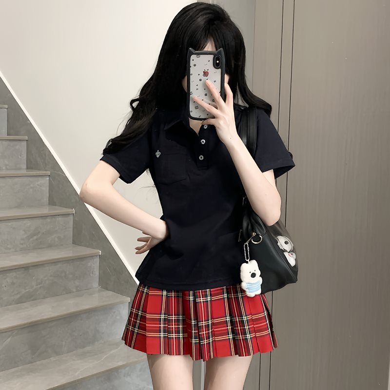 k制服黑色plol衫短袖上衣夏季原创学院风修身显瘦日系衬衣女