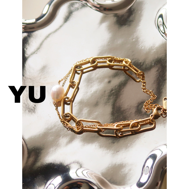 With Yu jewelry square chain double layer bracelet women's natural pearl pendant European and American temperament titanium steel ins personality jewelry