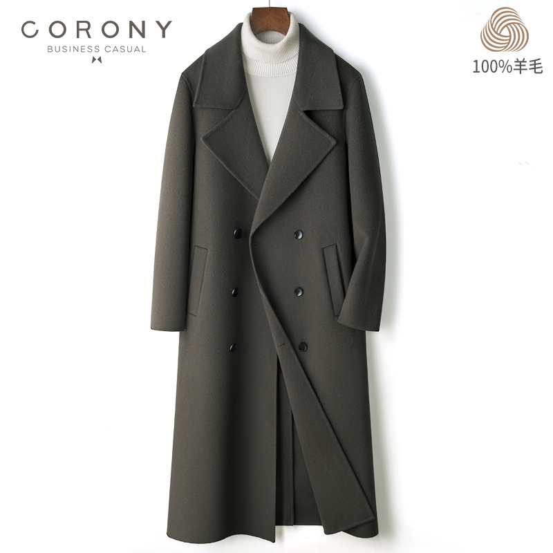 秋冬双面羊毛大衣男中长款中青年宽松呢子双排扣风衣过膝外套男
